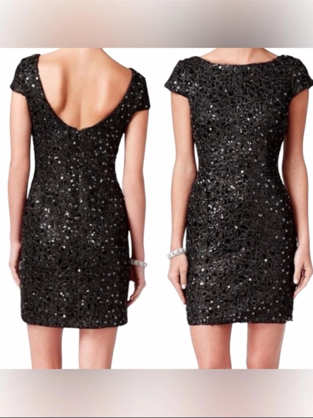 Adrianna Papell Black Sequin Backless Cap-Sleeve Cocktail Dress size 12